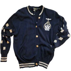 Vintage Novelty Cardigan Sweater Black Gold Silver Equestrian Theme sz‎ Medium